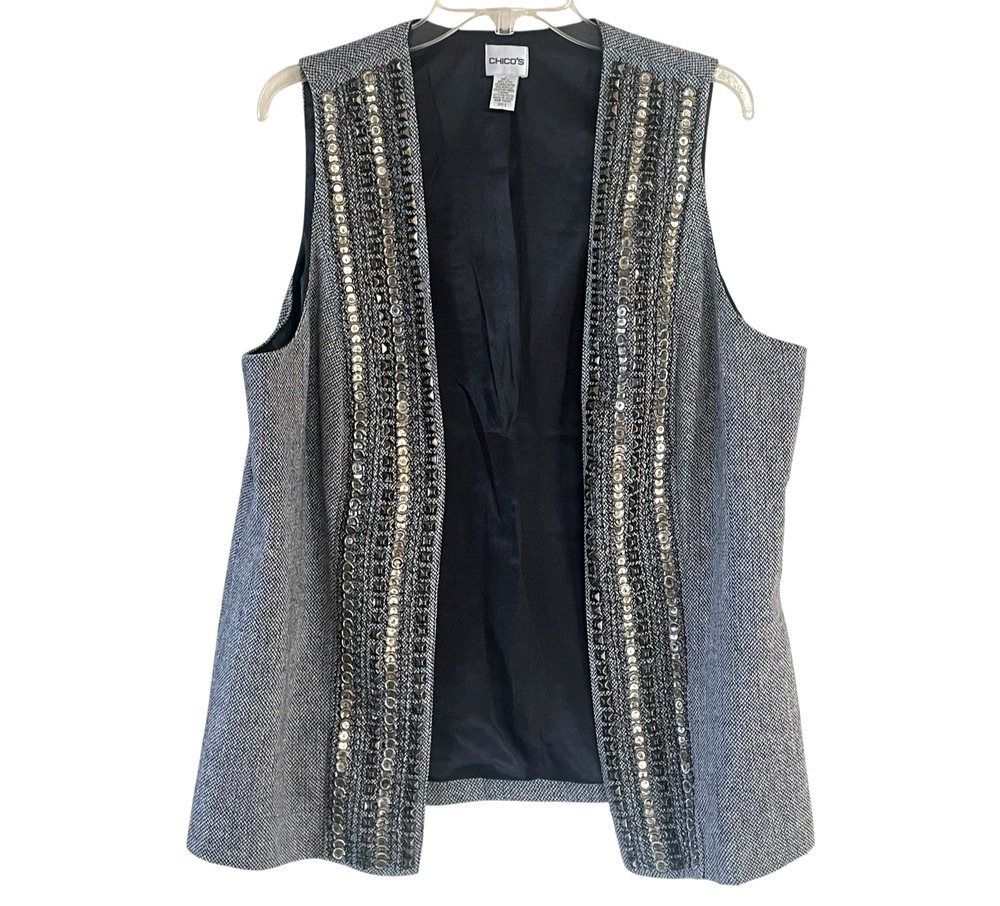 CHICOS Size 3/XL Wool-Blend Metallic Embellished Open-Front Tweed Lined Vest